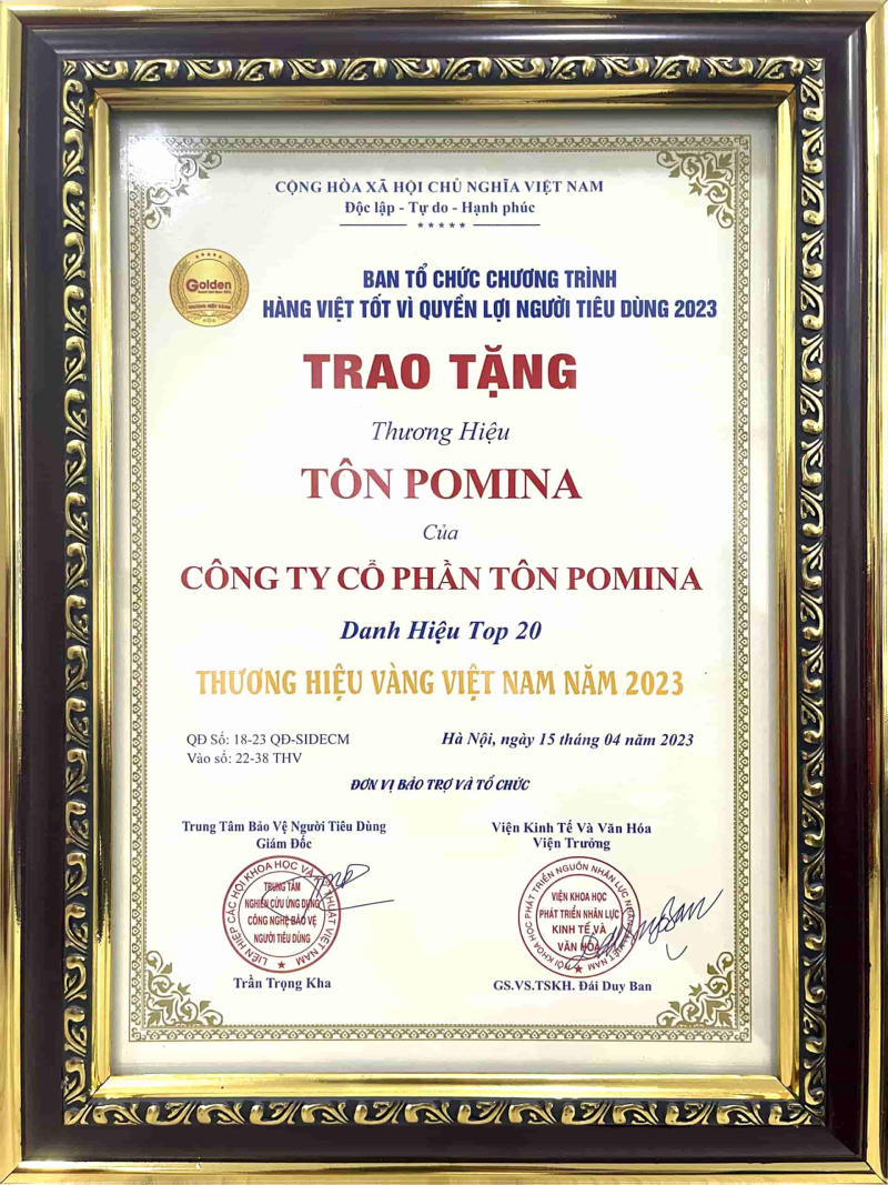 giấy khen tôn pomina hàng việt tốt