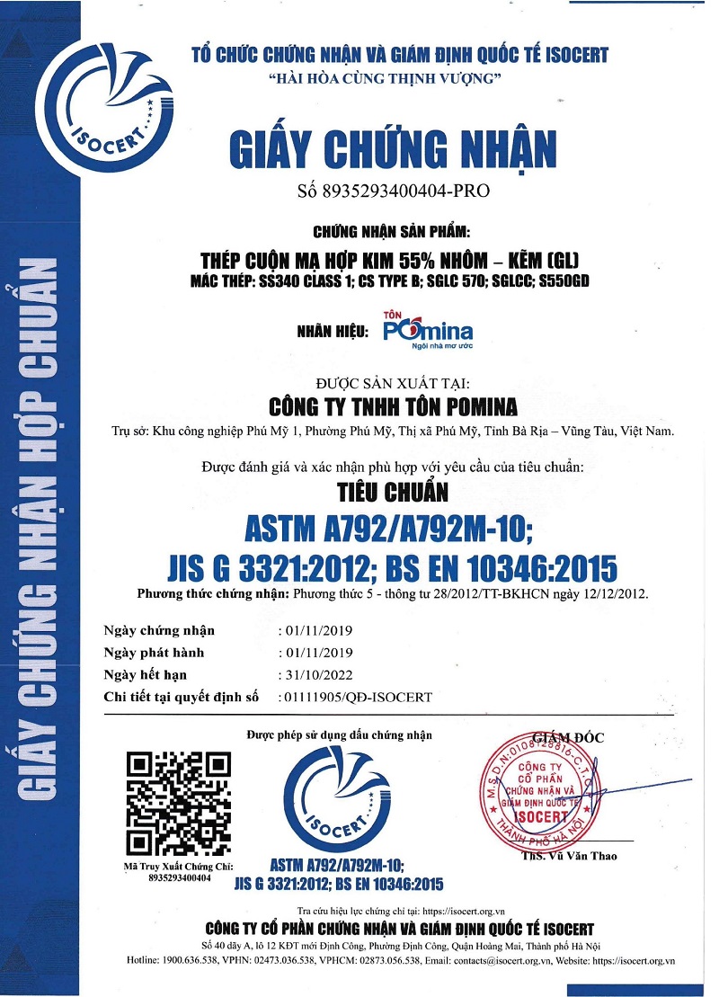 Chứng nhận ASTM A792/A792M-10 JIS G3221:2012