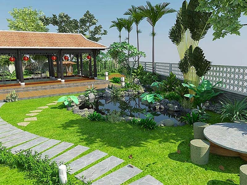 cách bố trí sân vườn trước nhà